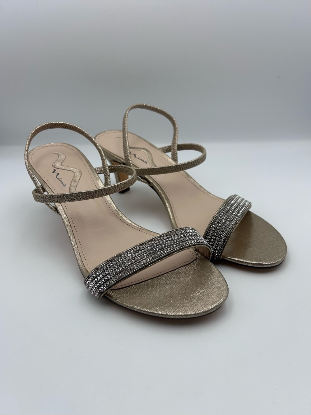 MARINA Gold Metallic Crystal-Strap Heeled Sandals